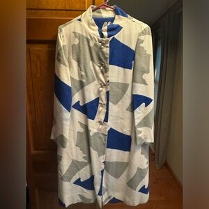 1960-ish Blue and Gray Trench Coat with Geometric Design